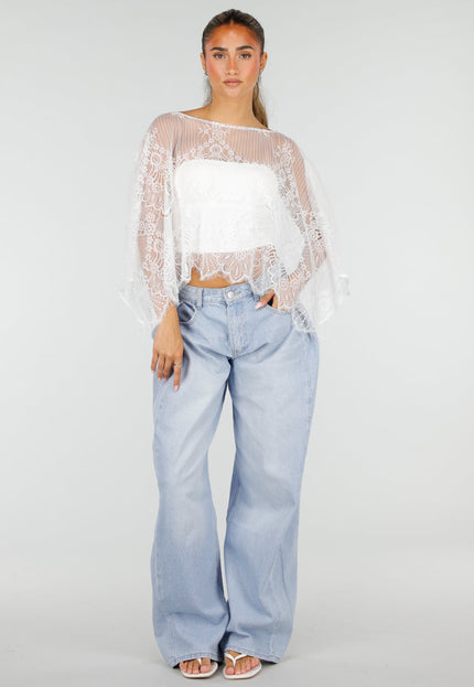 NEW290726 Witte Kanten Crop Top met Wijde Mouwen