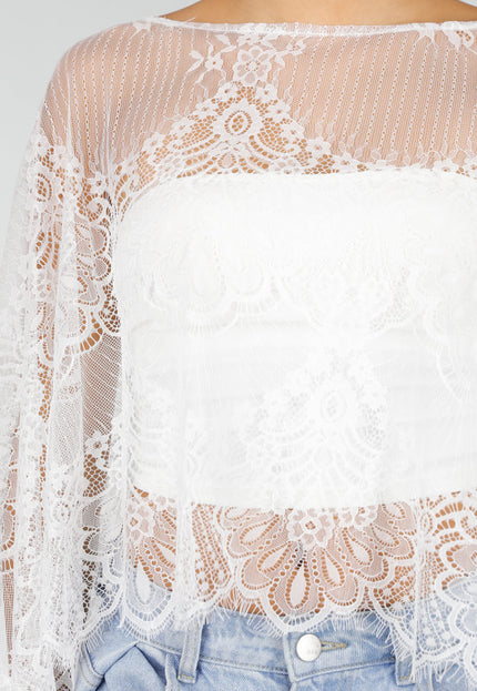 NEW290726 Witte Kanten Crop Top met Wijde Mouwen