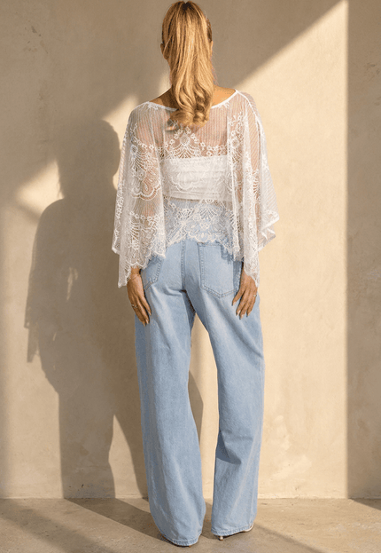 NEW290726 Witte Kanten Crop Top met Wijde Mouwen