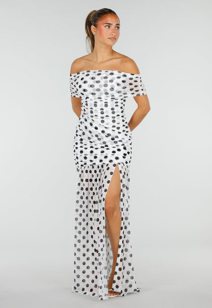 NEW290726 Witte Mesh Maxi Jurk met Zwarte Stippen
