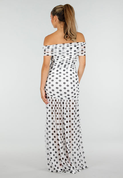 NEW290726 Witte Mesh Maxi Jurk met Zwarte Stippen