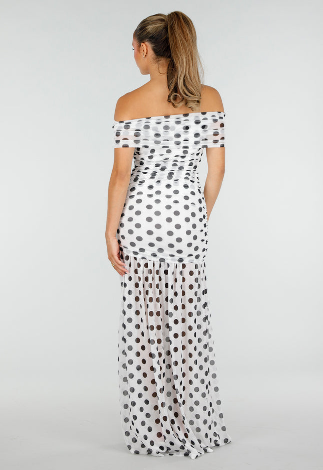 NEW290726 Witte Mesh Maxi Jurk met Zwarte Stippen
