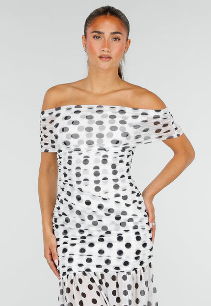NEW290726 Witte Mesh Maxi Jurk met Zwarte Stippen
