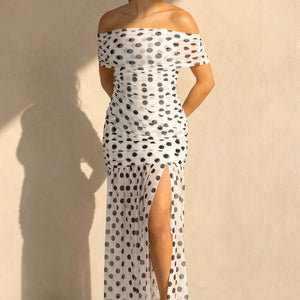 NEW290726 Witte Mesh Maxi Jurk met Zwarte Stippen