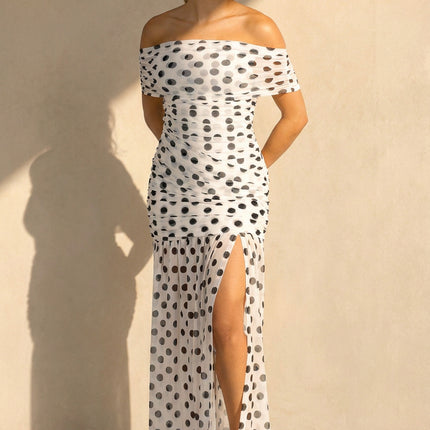 NEW290726 Witte Mesh Maxi Jurk met Zwarte Stippen