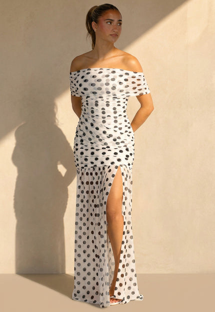 NEW290726 Witte Mesh Maxi Jurk met Zwarte Stippen