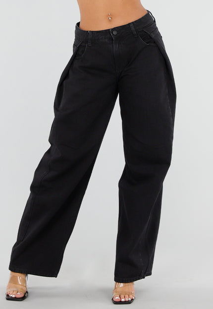 NEW290726 Zwarte Barrel Jeans met Plooien