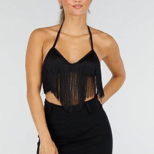 NEW290726 Zwarte Fringe Halter Top met Franjes