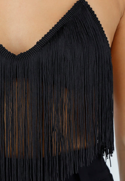 NEW290726 Zwarte Fringe Halter Top met Franjes