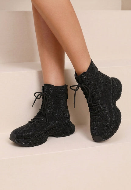 NEW290726 Zwarte Glitter Sneakers met Hoge Schacht
