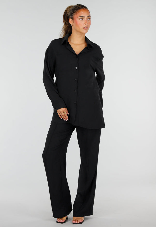 NEW290726 Zwarte Wide Leg Broek met Strikkoord