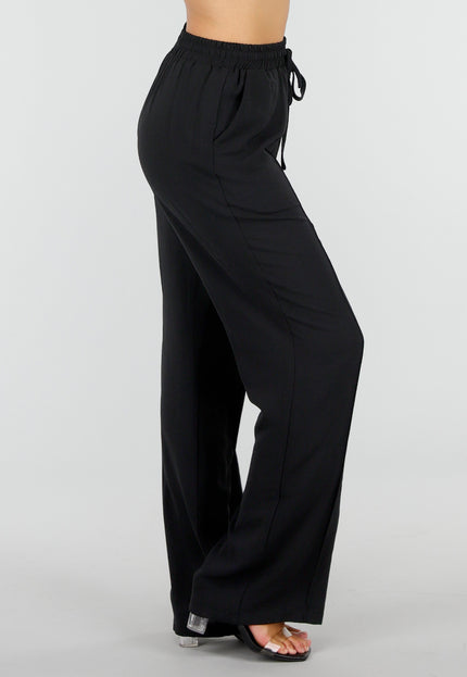 NEW290726 Zwarte Wide Leg Broek met Strikkoord