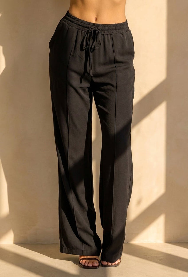 NEW290726 Zwarte Wide Leg Broek met Strikkoord