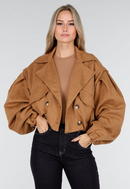 NEW291025 Camel Cropped Suede Trenchcoat