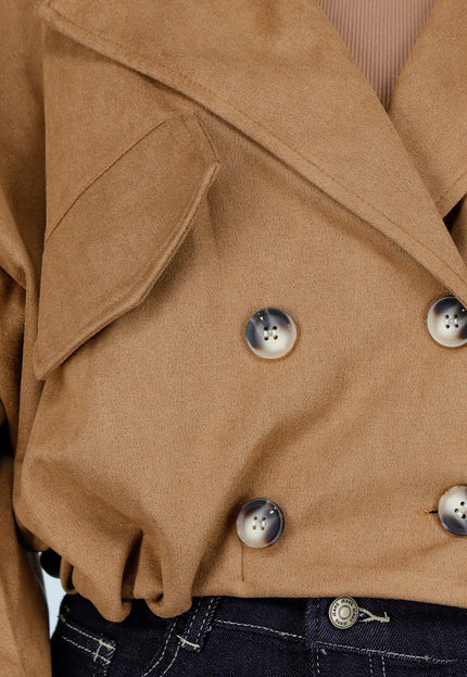 NEW291025 Camel Cropped Suede Trenchcoat