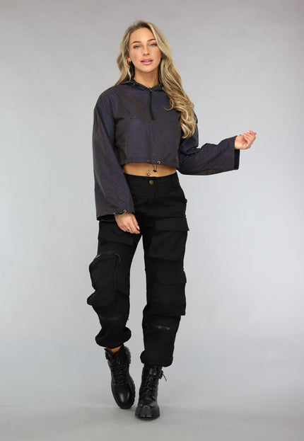 OP=OP.AV.09 Reflecterend Cropped Windjack met Schubben Patroon