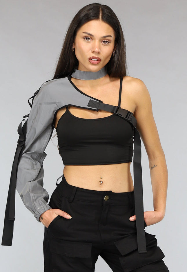 NEW2911 Reflecterende One Sleeve Top met Choker