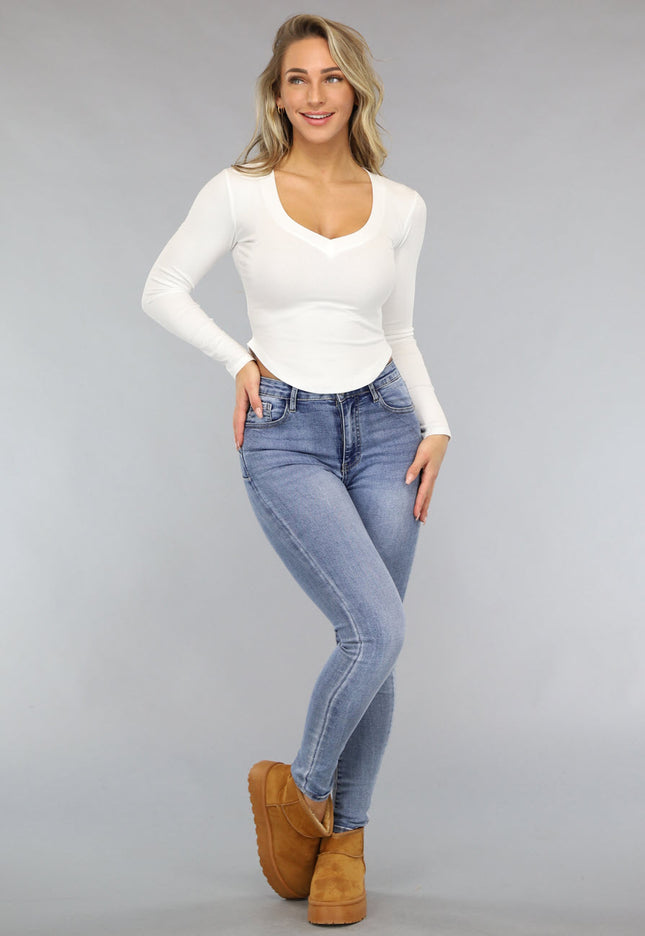 OP=OP.AV.09 Witte Rib Top met Lange Mouwen
