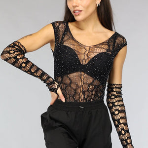 NEW2911 Zwarte Fishnet Glitter Bodysuit met Losse Mouwen