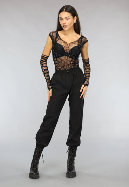 NEW2911 Zwarte Fishnet Glitter Bodysuit met Losse Mouwen