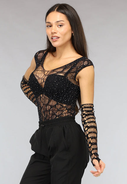 NEW2911 Zwarte Fishnet Glitter Bodysuit met Losse Mouwen