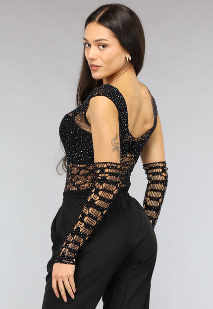 NEW2911 Zwarte Fishnet Glitter Bodysuit met Losse Mouwen