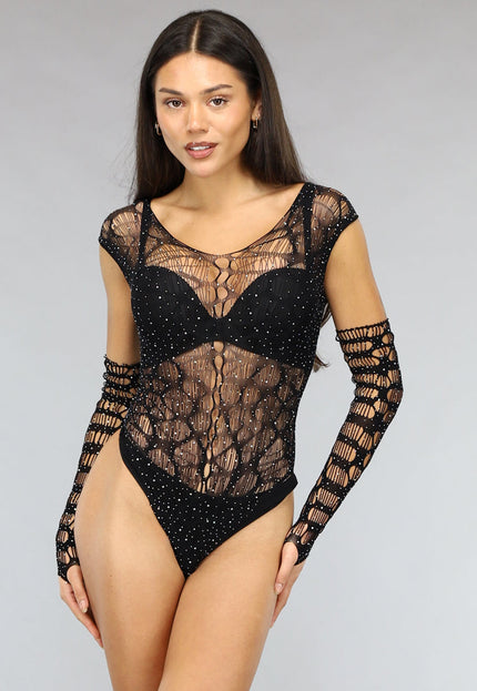 NEW2911 Zwarte Fishnet Glitter Bodysuit met Losse Mouwen