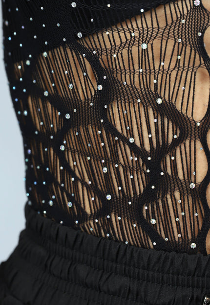 NEW2911 Zwarte Fishnet Glitter Bodysuit met Losse Mouwen