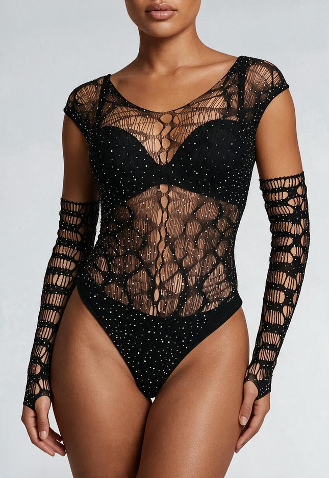 NEW2911 Zwarte Fishnet Glitter Bodysuit met Losse Mouwen