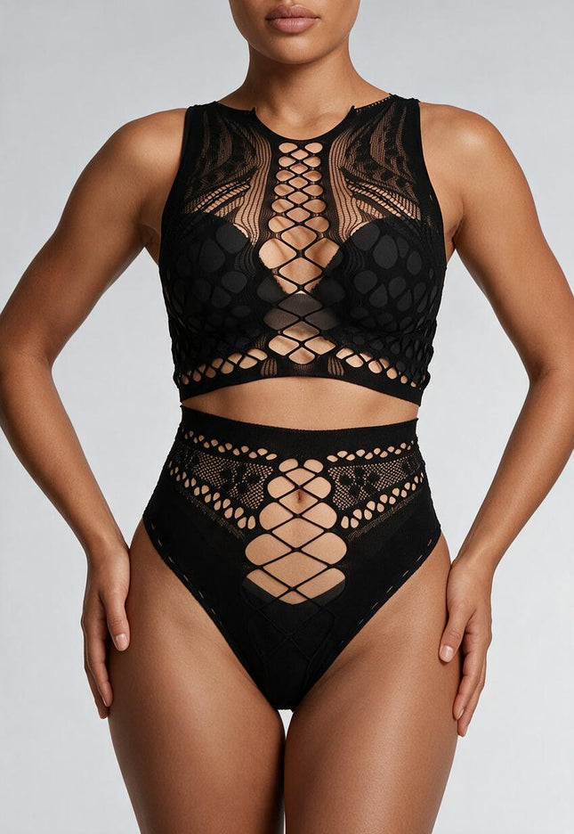 NEW2911 Zwarte Korte Fishnet Two Piece