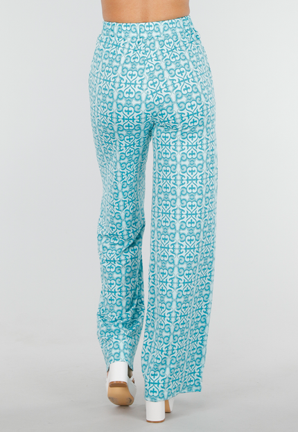 NEW300425 Azuurblauwe Barokprint Stretch Broek met High Waist Fit