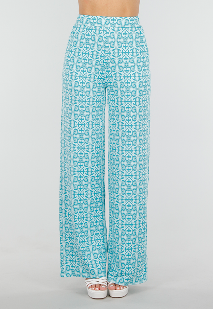 NEW300425 Azuurblauwe Barokprint Stretch Broek met High Waist Fit