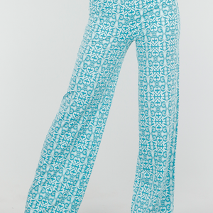NEW300425 Azuurblauwe Barokprint Stretch Broek met High Waist Fit