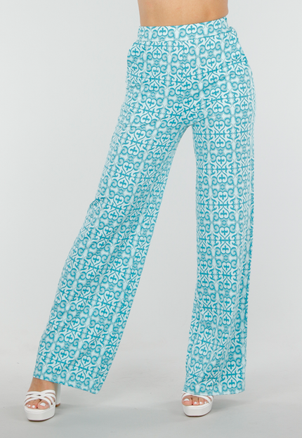 NEW300425 Azuurblauwe Barokprint Stretch Broek met High Waist Fit