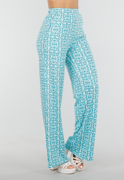 NEW300425 Azuurblauwe Barokprint Stretch Broek met High Waist Fit