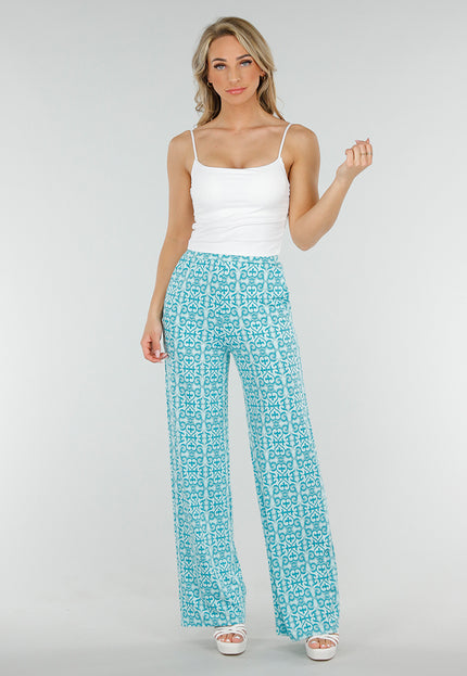 NEW300425 Azuurblauwe Barokprint Stretch Broek met High Waist Fit