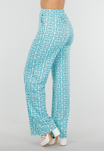 NEW300425 Azuurblauwe Barokprint Stretch Broek met High Waist Fit