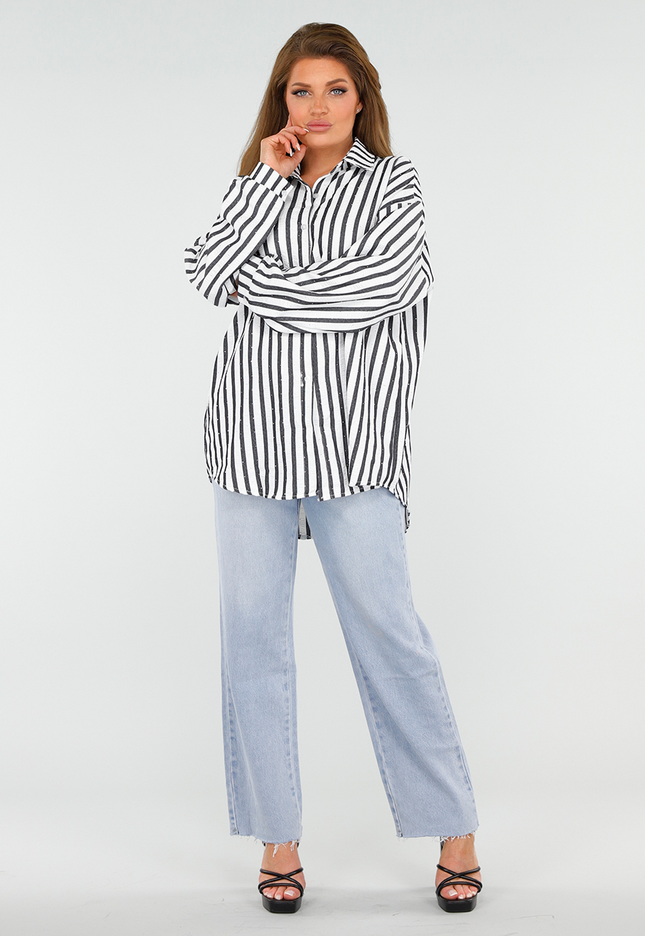 NEW300425 Gestreepte oversized Blouse met Glittersteentjes