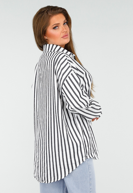 NEW300425 Gestreepte oversized Blouse met Glittersteentjes