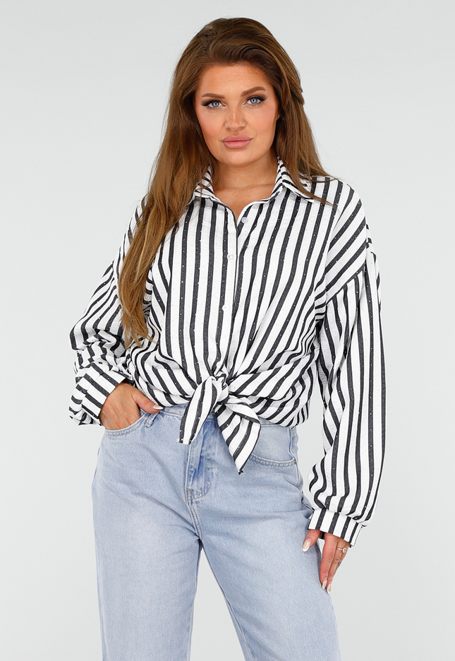 NEW300425 Gestreepte oversized Blouse met Glittersteentjes
