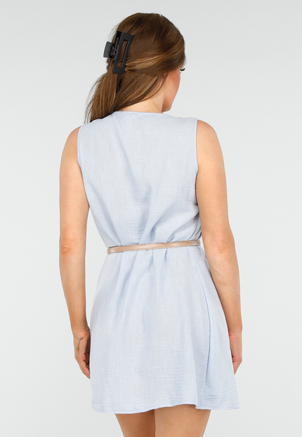 OP=OP.51.S Lichtblauw Linnenlook Mouwloos Jurkje met Strik