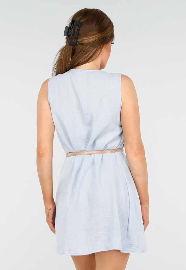 OP=OP.51.S Lichtblauw Linnenlook Mouwloos Jurkje met Strik