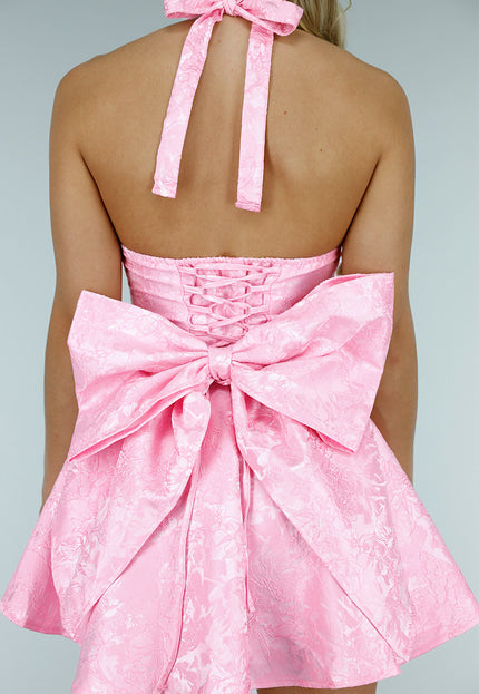 NEW300425 Lichtroze Halter Jurk met Print en Grote Strik