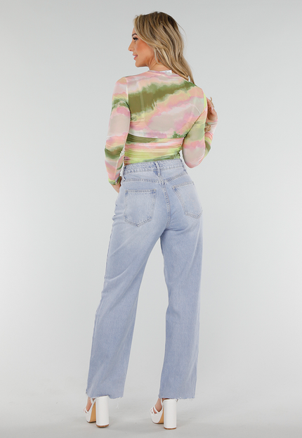 NEW300425 Mesh Muticolour Stretch Crop Top met Lange Mouwen