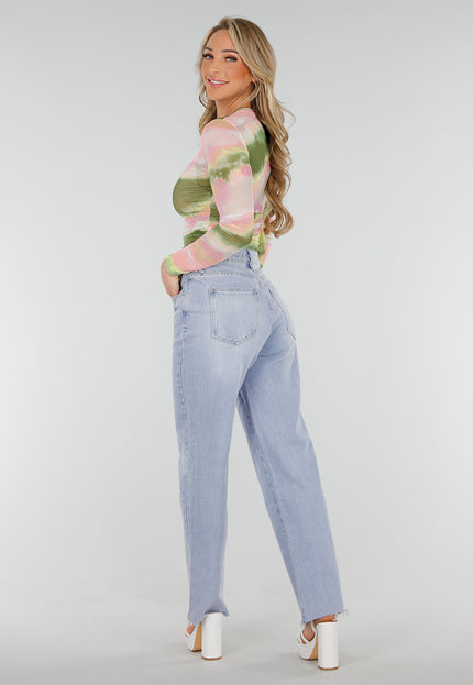 NEW300425 Mesh Muticolour Stretch Crop Top met Lange Mouwen