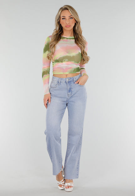 NEW300425 Mesh Muticolour Stretch Crop Top met Lange Mouwen