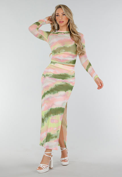 NEW300425 Mesh Muticolour Stretch Crop Top met Lange Mouwen