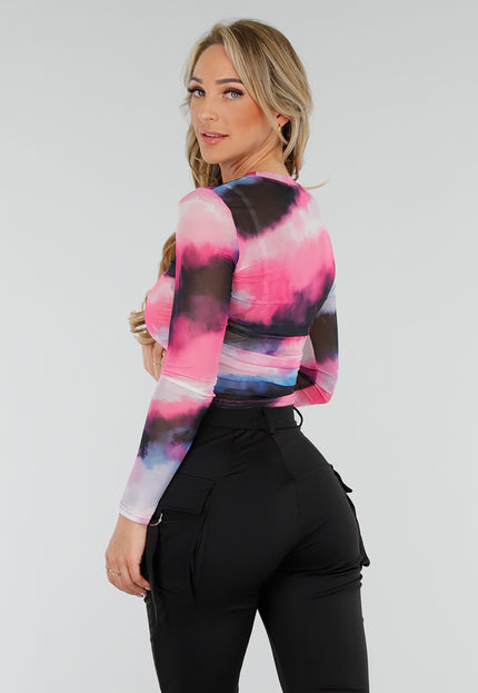 NEW300425 Mesh Tie Dye Cropped Top met Lange Mouwen