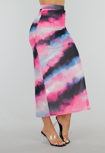 NEW300425 Mesh Zwart Roze High Waist Stretch Rok met Tailleband