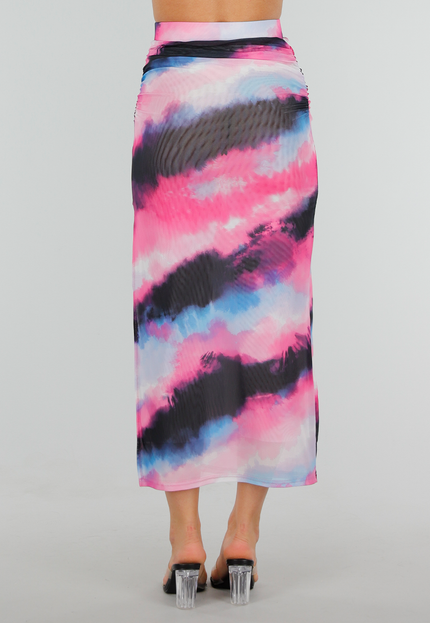 NEW300425 Mesh Zwart Roze High Waist Stretch Rok met Tailleband